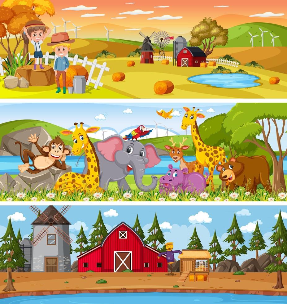 conjunto de diferentes paisajes naturales en la escena diurna con personaje  de dibujos animados 2861243 Vector en Vecteezy