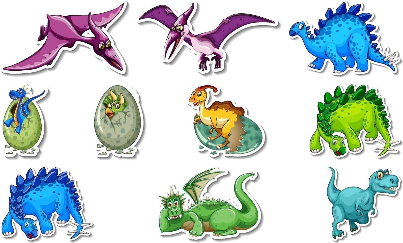 Sticker set with different types of dinosaurs cartoon characters vector