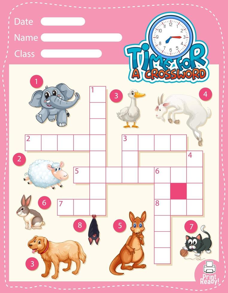 Crossword puzzle game template about animals vector