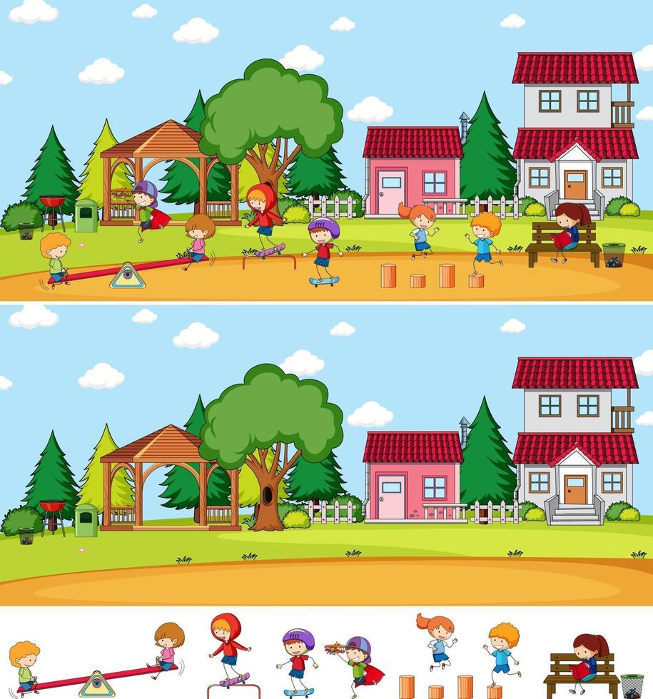 Playground scene set with many kids doodle cartoon character isolated vector