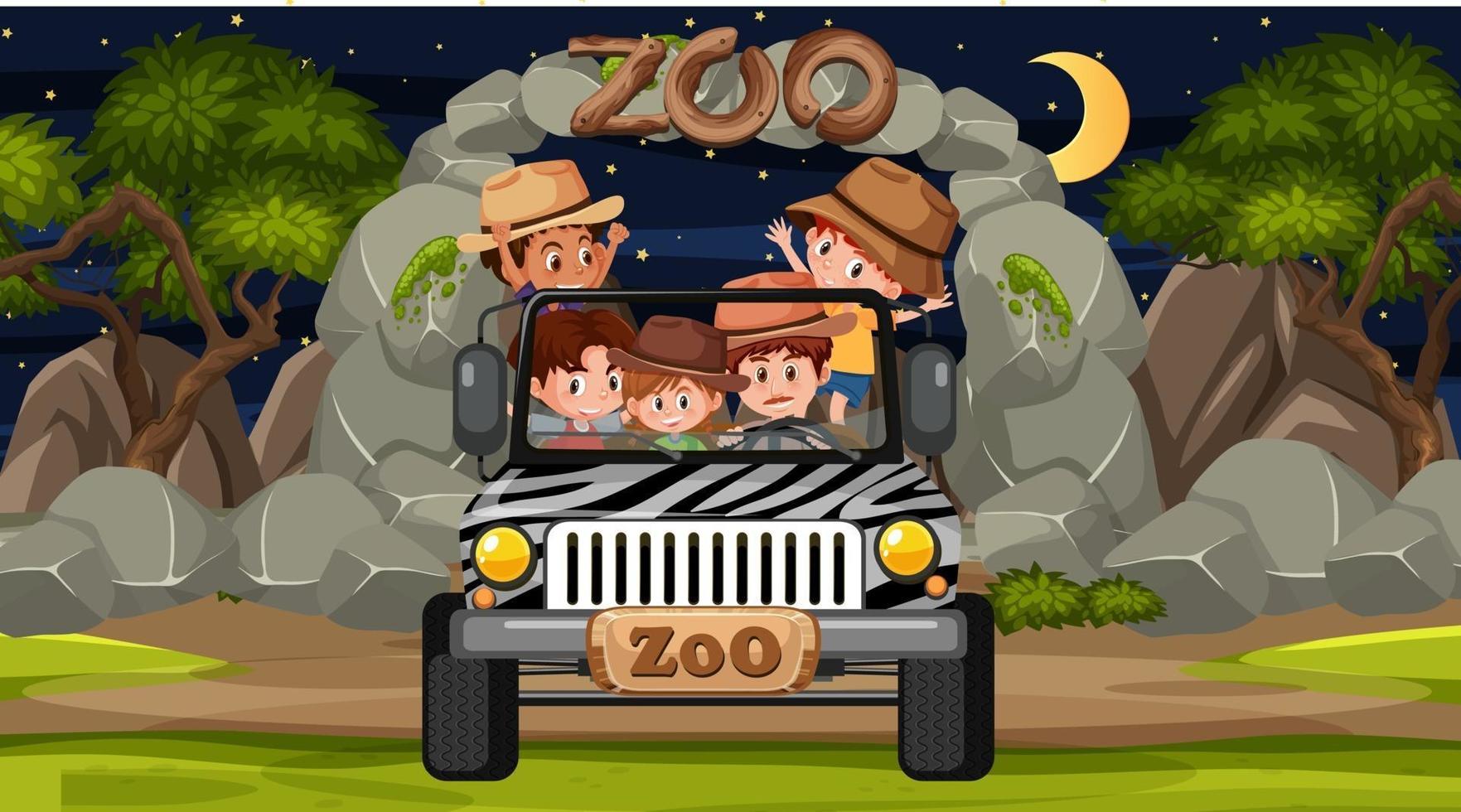 Safari en la escena nocturna con muchos niños en un coche jeep. vector