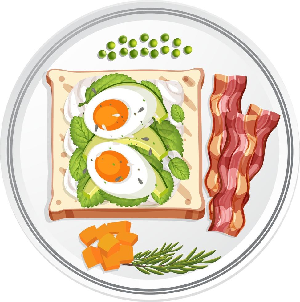 Top view of breakfast dish with egg on bread and bacon vector