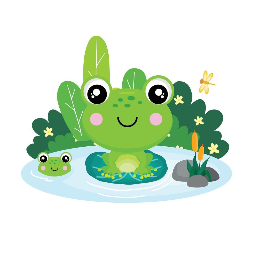 Cute frog sitting on a leaf in a pond . vector