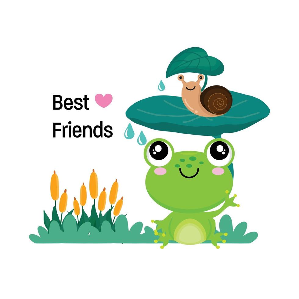 Frog and Snail sitting under leaf.  Best friends forever. vector