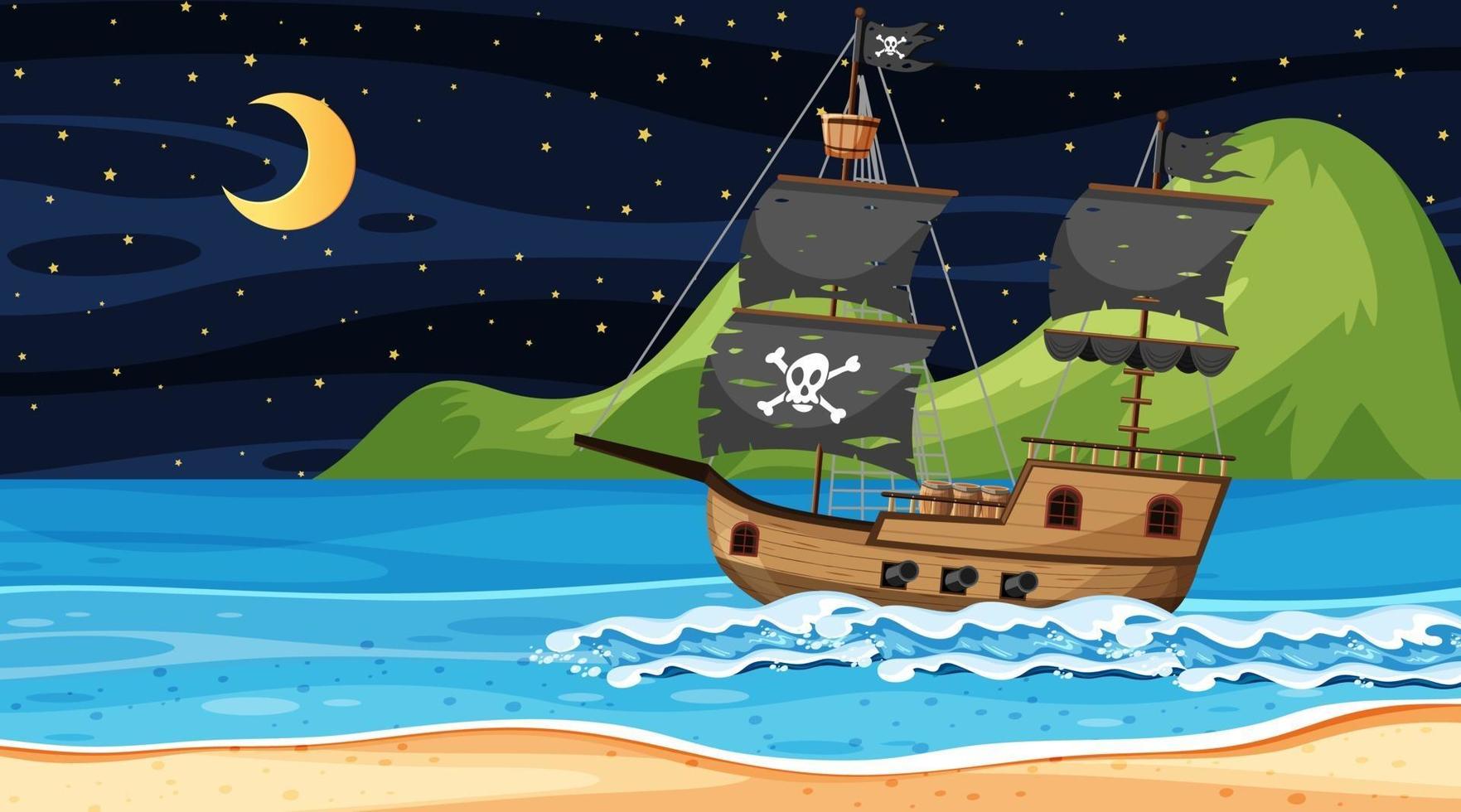 océano con barco pirata en la escena nocturna en estilo de dibujos animados vector