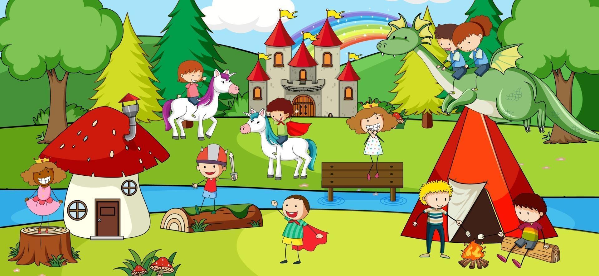 Scene with many kids doodle cartoon character in nature park vector