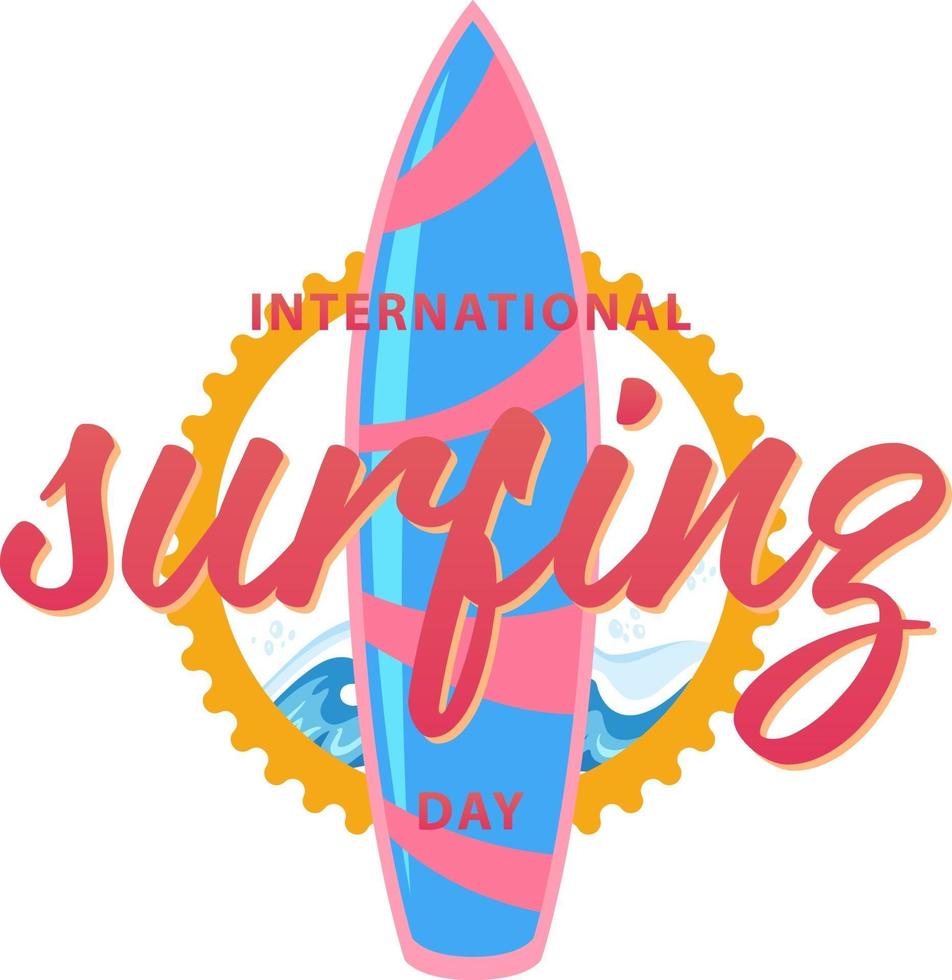 fuente del día internacional del surf con un banner de tabla de surf aislado vector