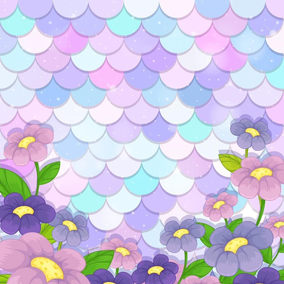 Pastel mermaid scale pattern with many flowers vector