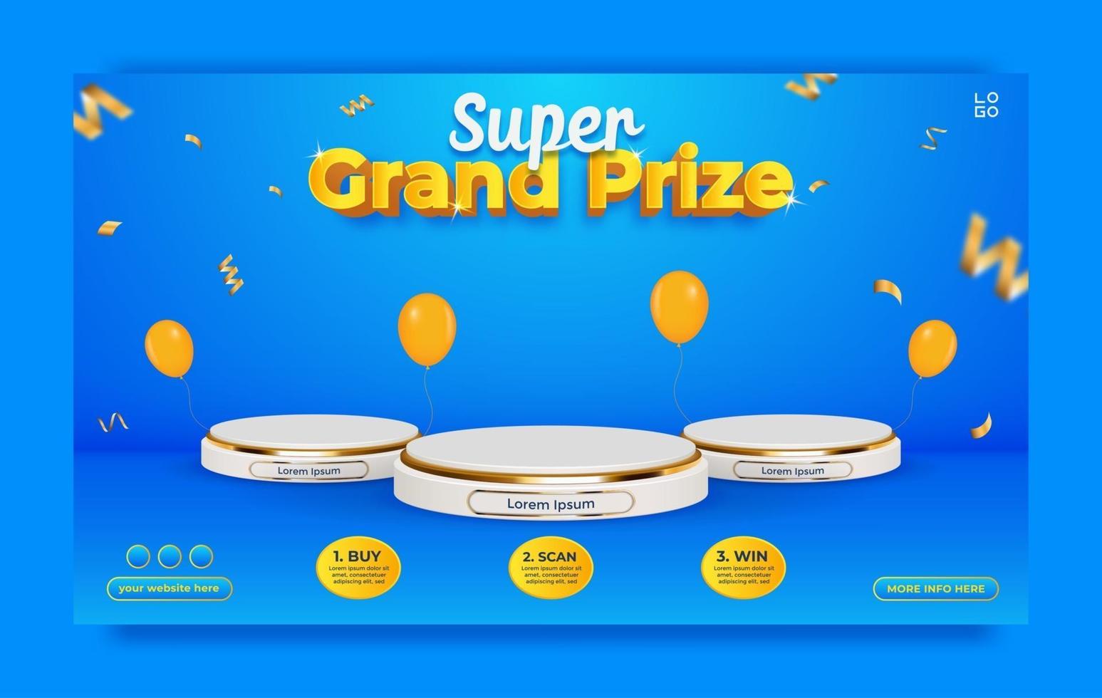 Grand prize horizontal banner template with podium and balloons. vector
