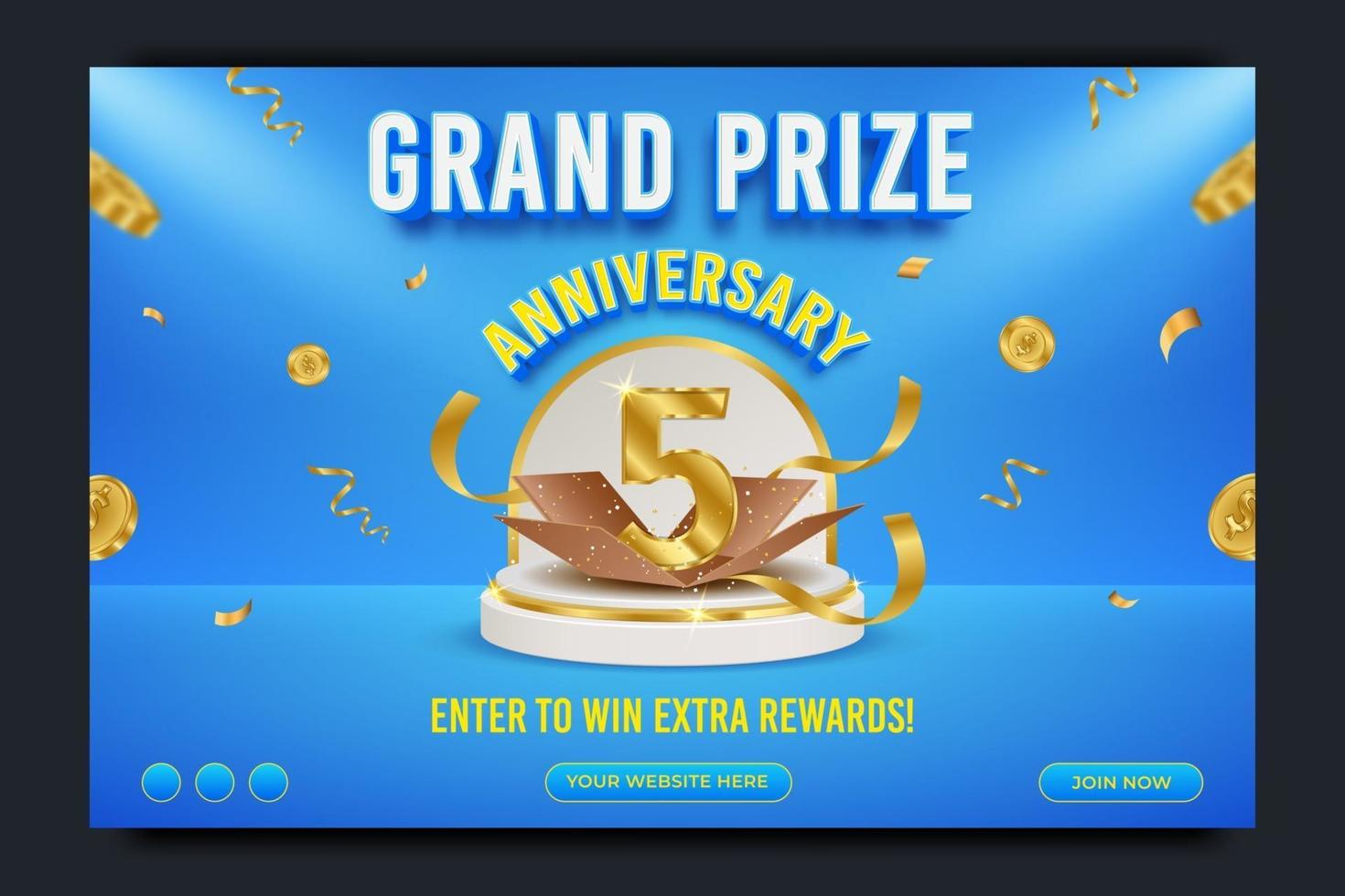 Grand prize anniversary horizontal banner template, realistic podium and flying gold coin, vector illustration.