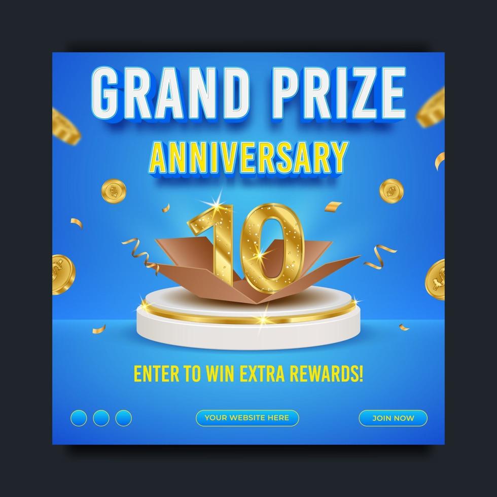 Grand prize anniversary social media banner template, realistic podium and flying gold coin, vector illustration.