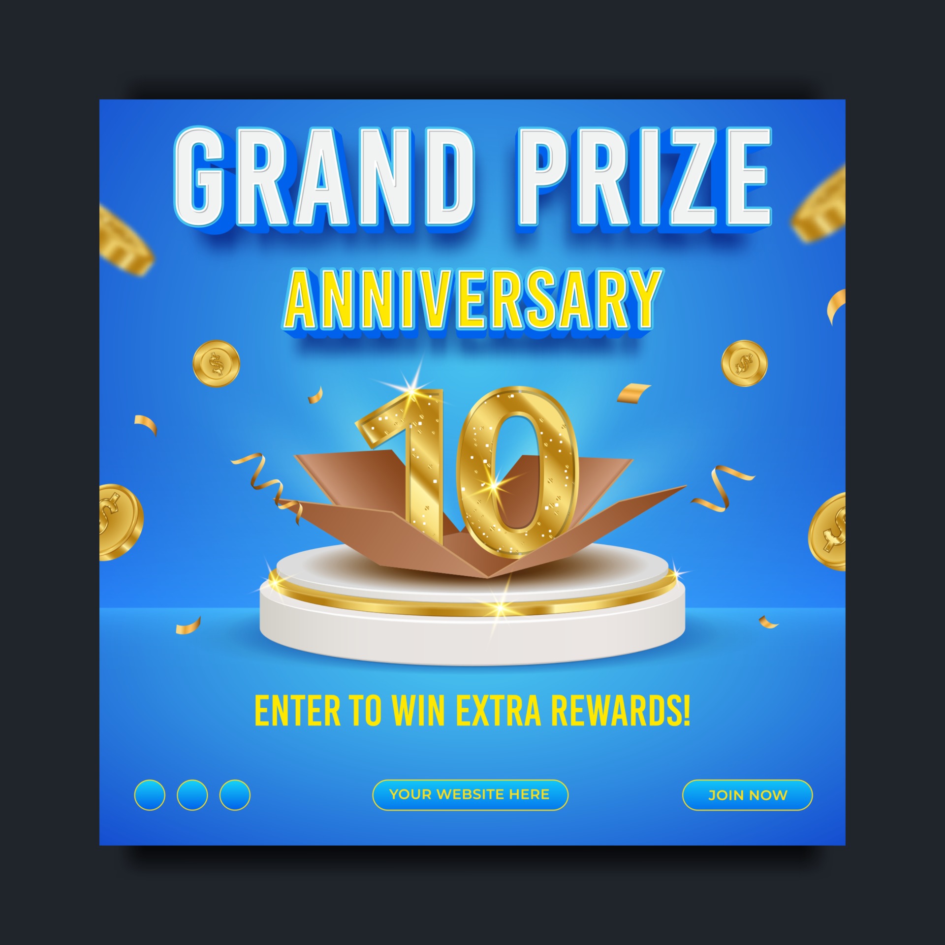 Grand prize anniversary social media banner template, realistic podium
