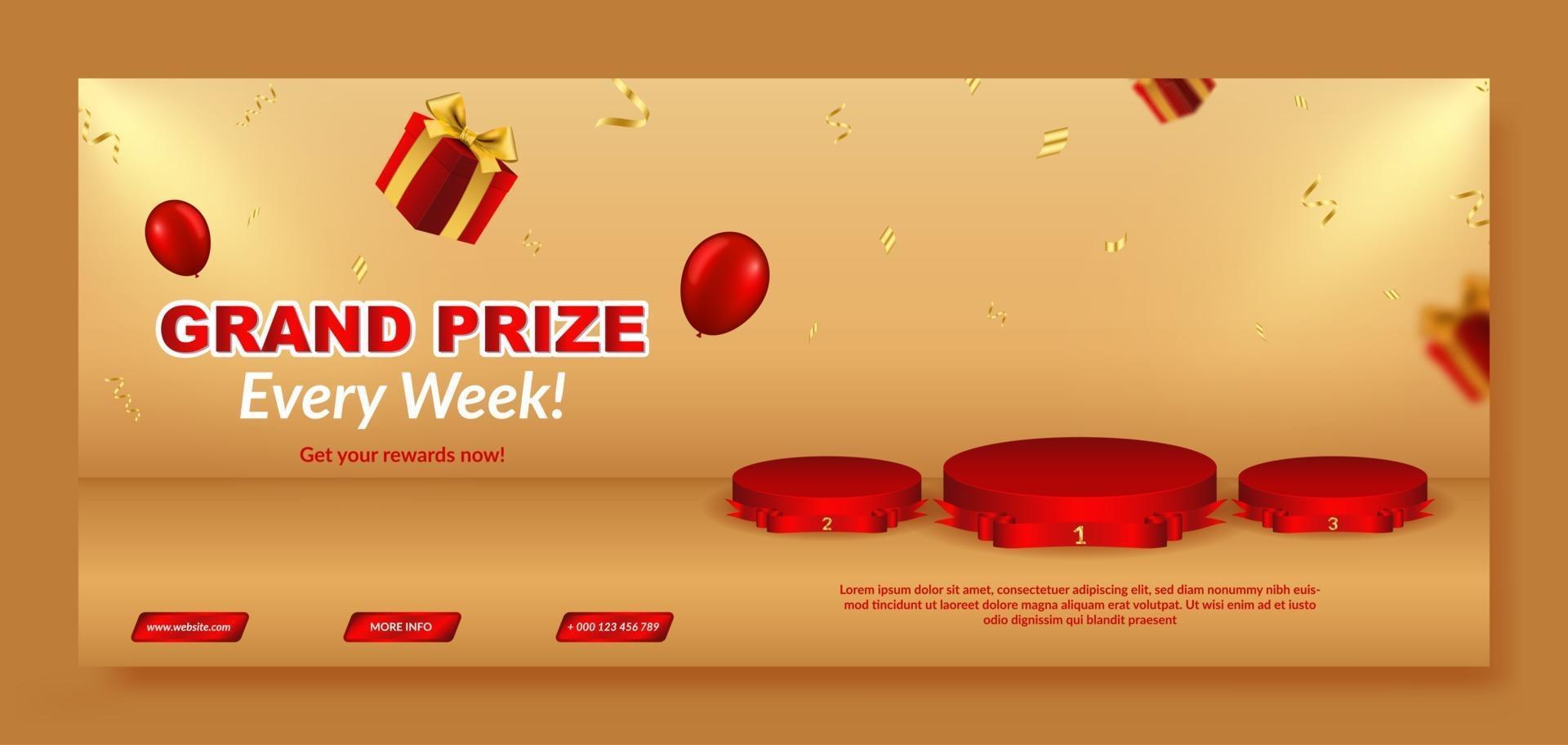 Realistic grand prize banner template with podium and gift box vector