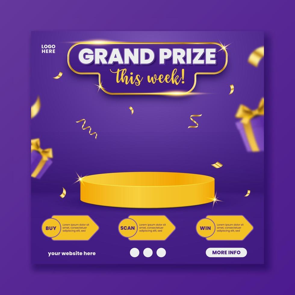 Grand prize announcement social media template with podium and flying gift box, vector illustration.