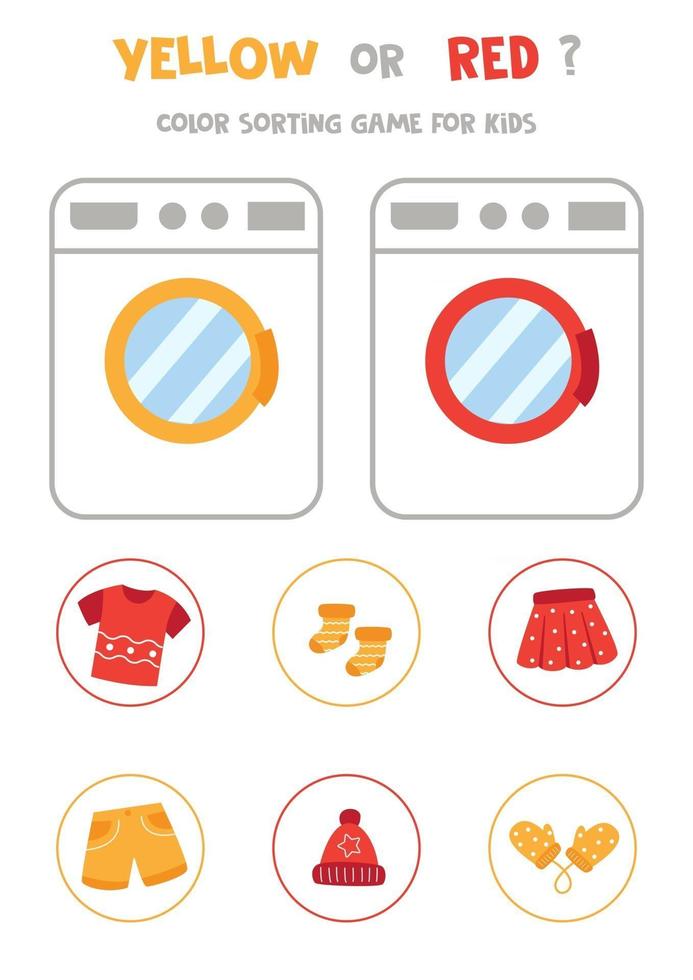 juego de clasificación de colores para niños. amarillo o rojo. lavadora y ropa colorida. vector