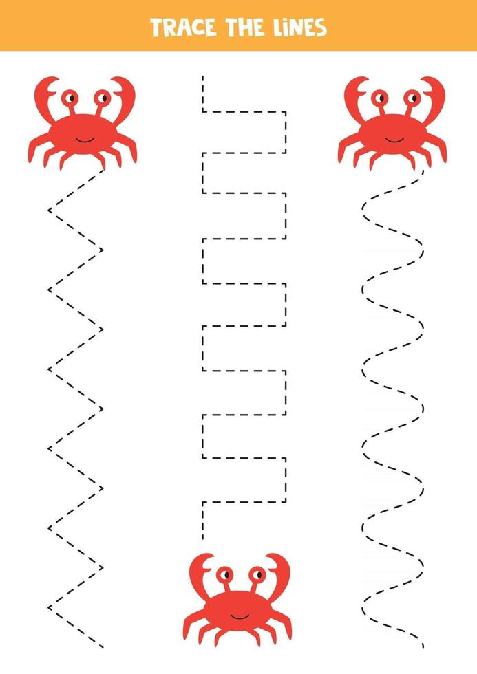 Crab tracing lines. Handwriting practice with sea animals. vector