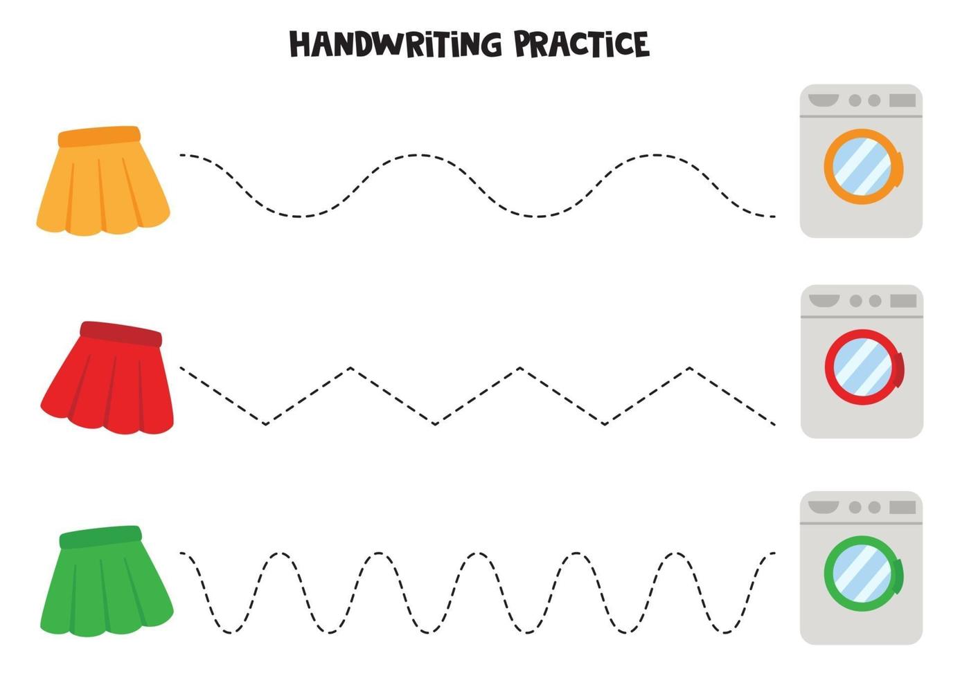 Tracing lines with skirts and washing machines. Handwriting practice for kids. vector