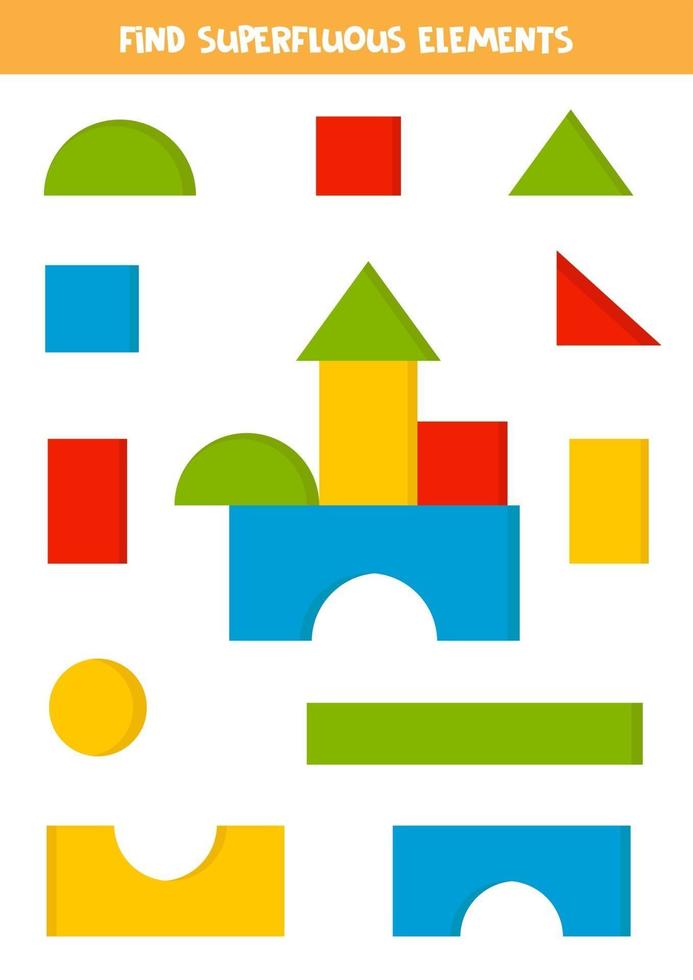 Find superfluous elements of toy tower. Logical puzzle for kids. vector