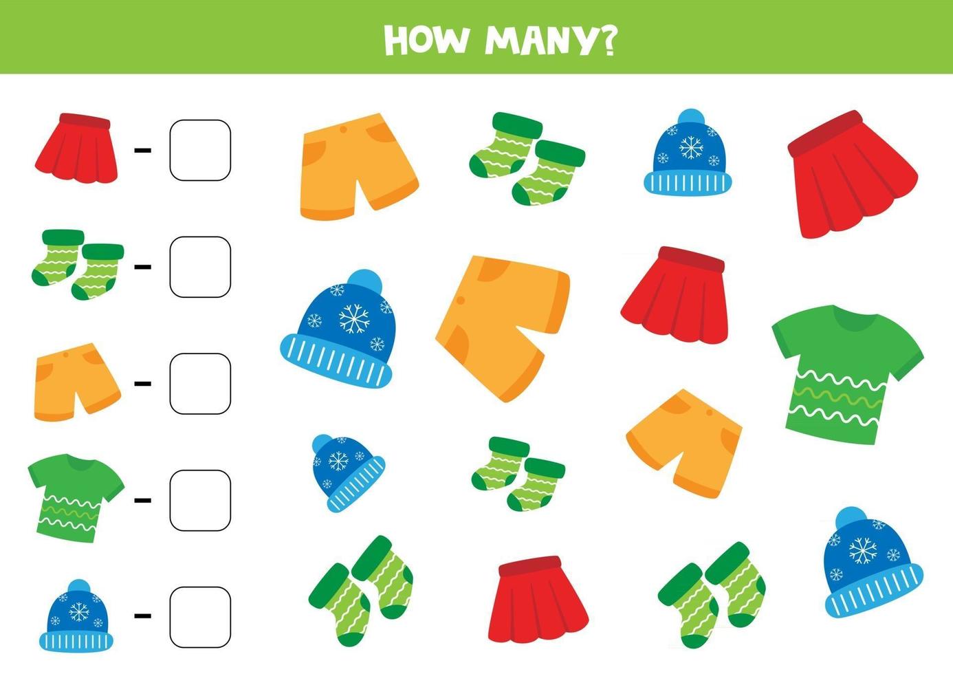 Counting game with different clothes. Count how many shirts, shorts