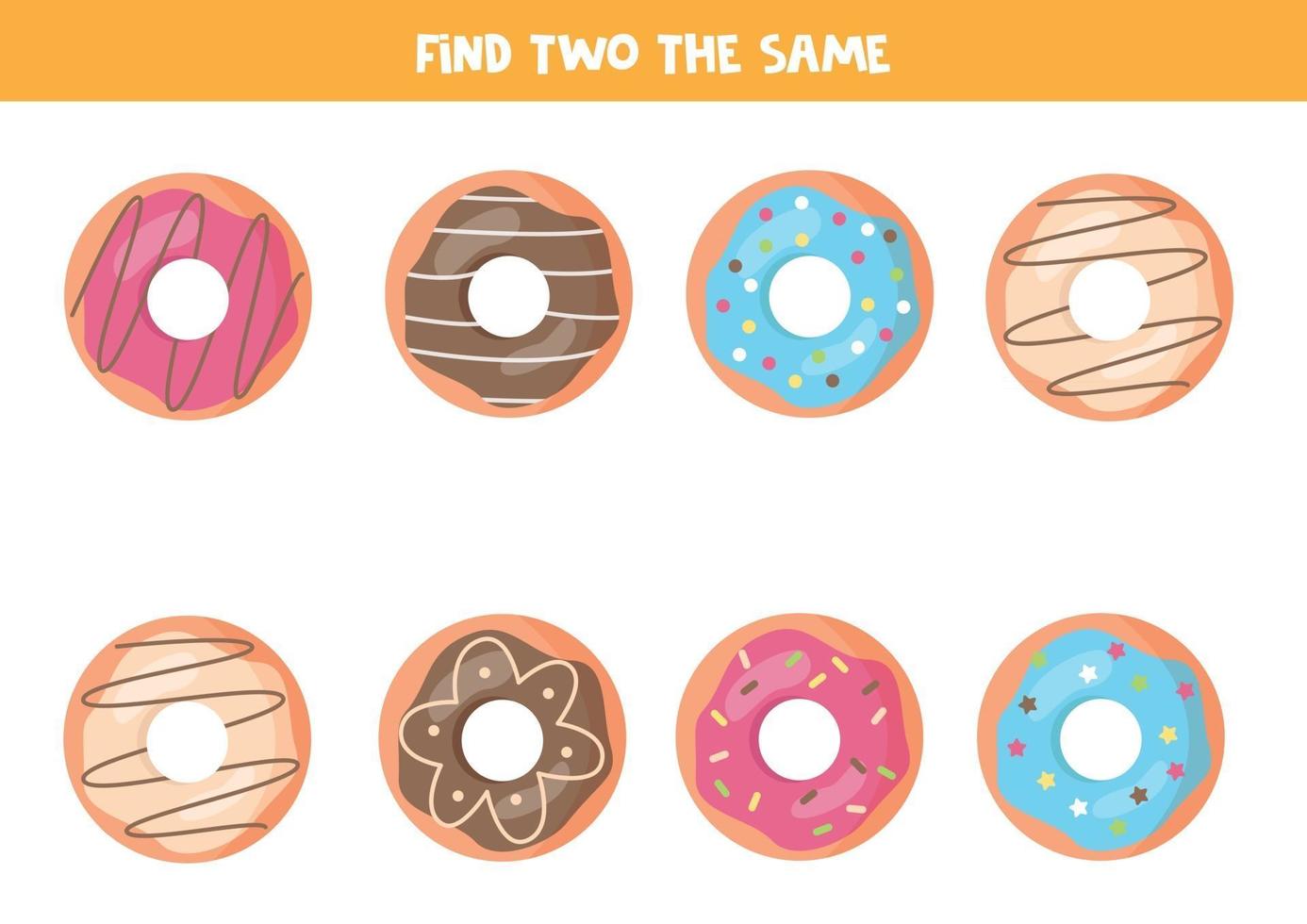 Find two the same cartoon donuts. Logical game for children. vector