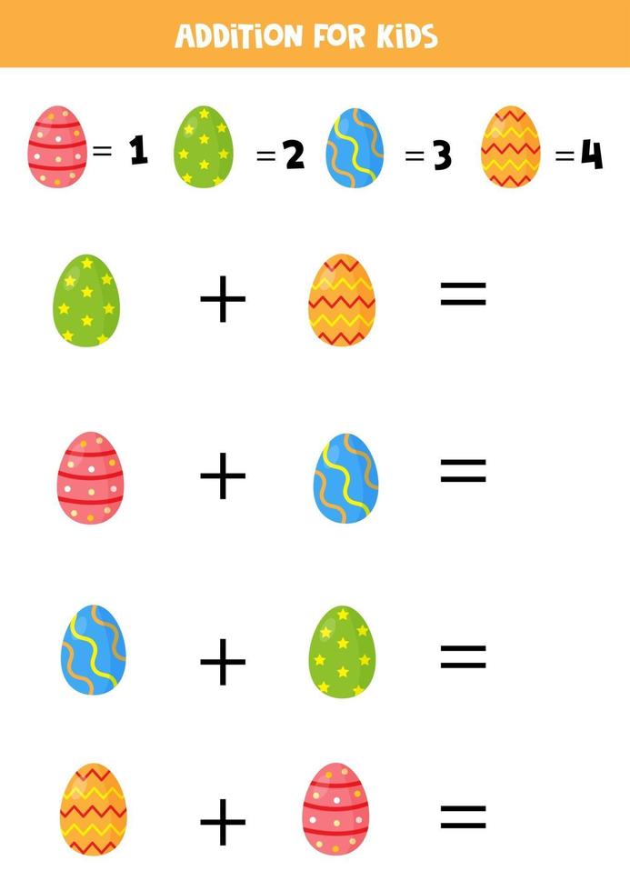 adición de huevos de pascua para niños. resuelve la ecuación. vector