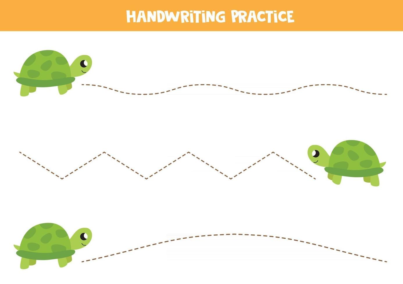 Tracing lines with cartoon turtle. Handwriting practice for kids. vector