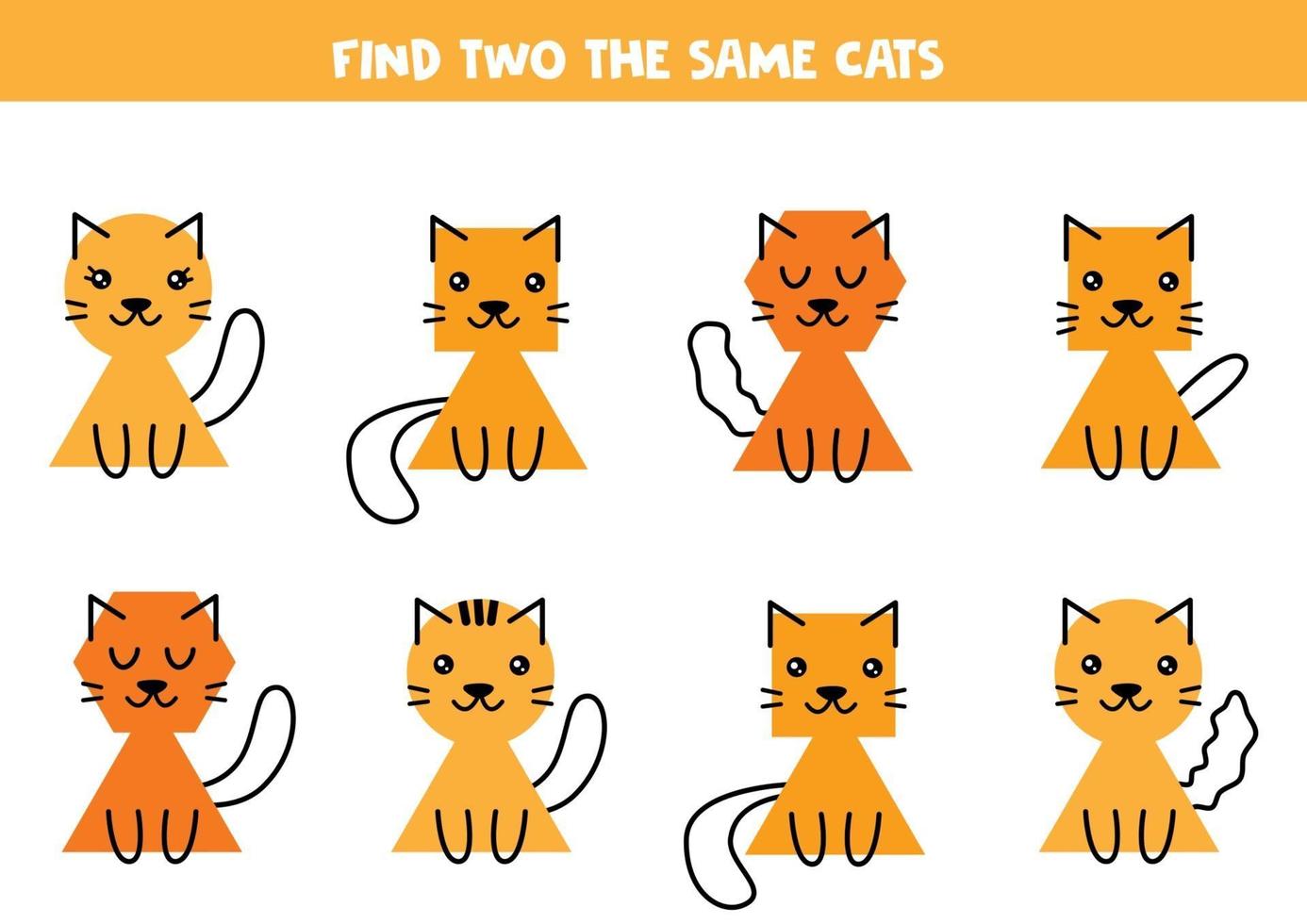 Encuentra dos gatos lindos iguales. hoja de trabajo educativa para niños. vector