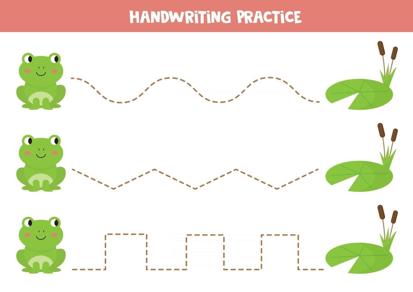 Trace lines between frog and water lily. Handwriting practice for kids. vector
