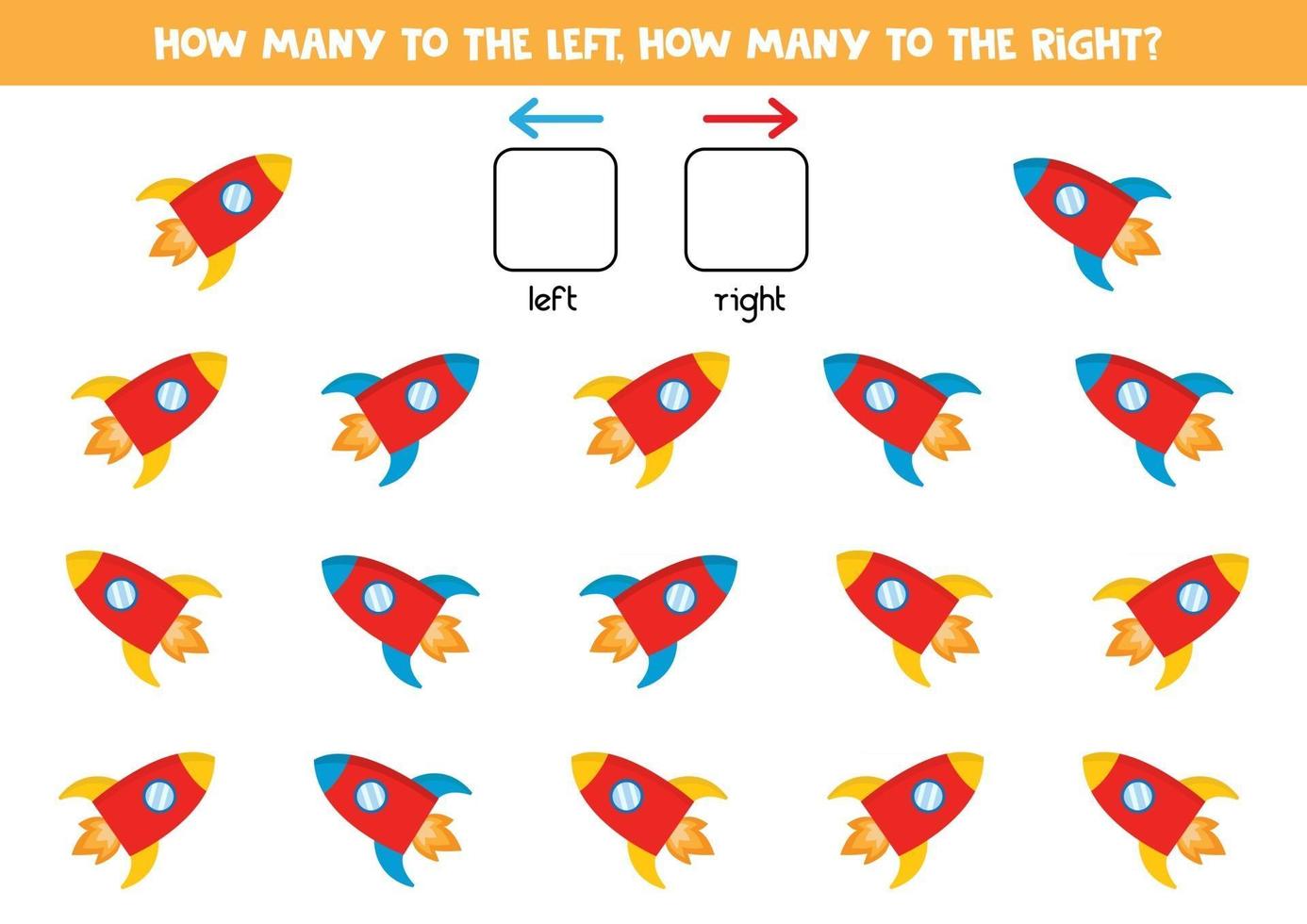 cuántos cohetes van a la izquierda y a la derecha, juego de conteo para niños. vector