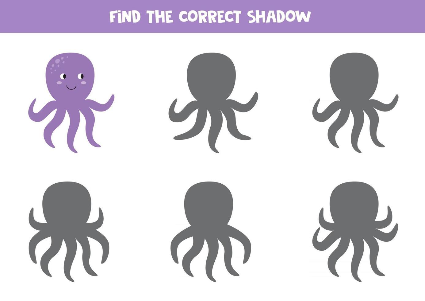 encuentra la sombra correcta del pulpo morado de dibujos animados lindo. juego de lógica para niños. vector