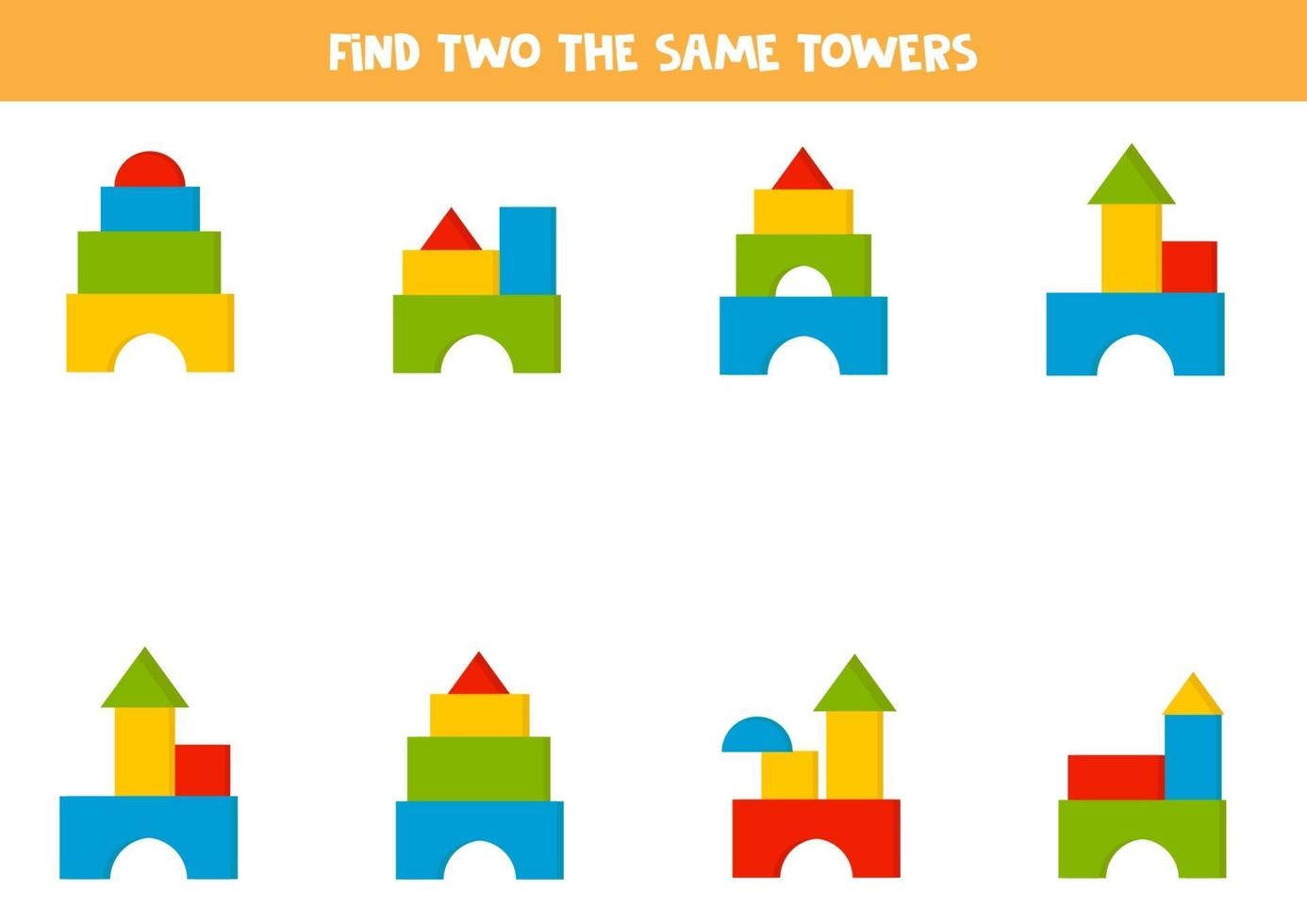 Encuentra dos torres de juguete iguales. vector