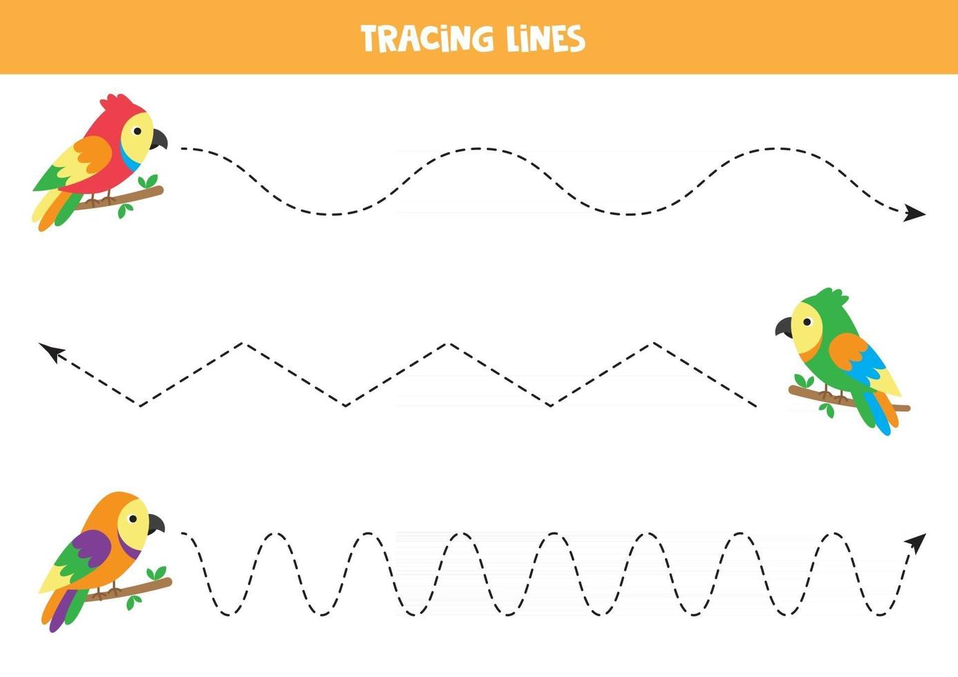 Cartoon parrots tracing lines. Handwriting practice with birds. vector