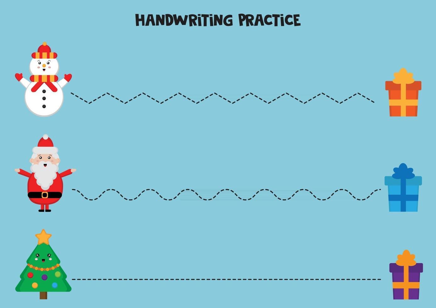 Handwriting practice with Santa Claus, fir tree and snowman. vector