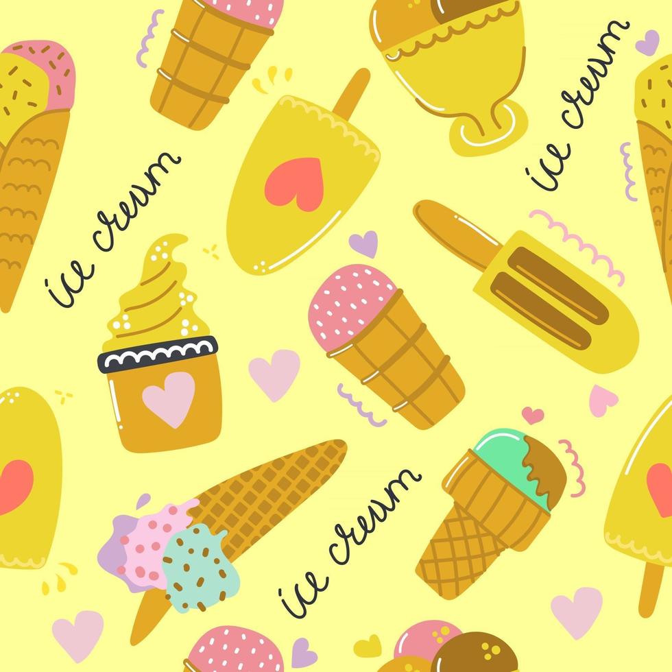 Hand drawn seamless pattern of ice cream. Cute and fun illustration for nursery design. vector