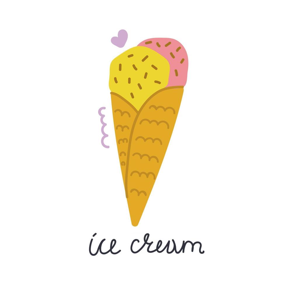 Ice cream in the cone, summer dessert. Hand drawn flat illustration. vector