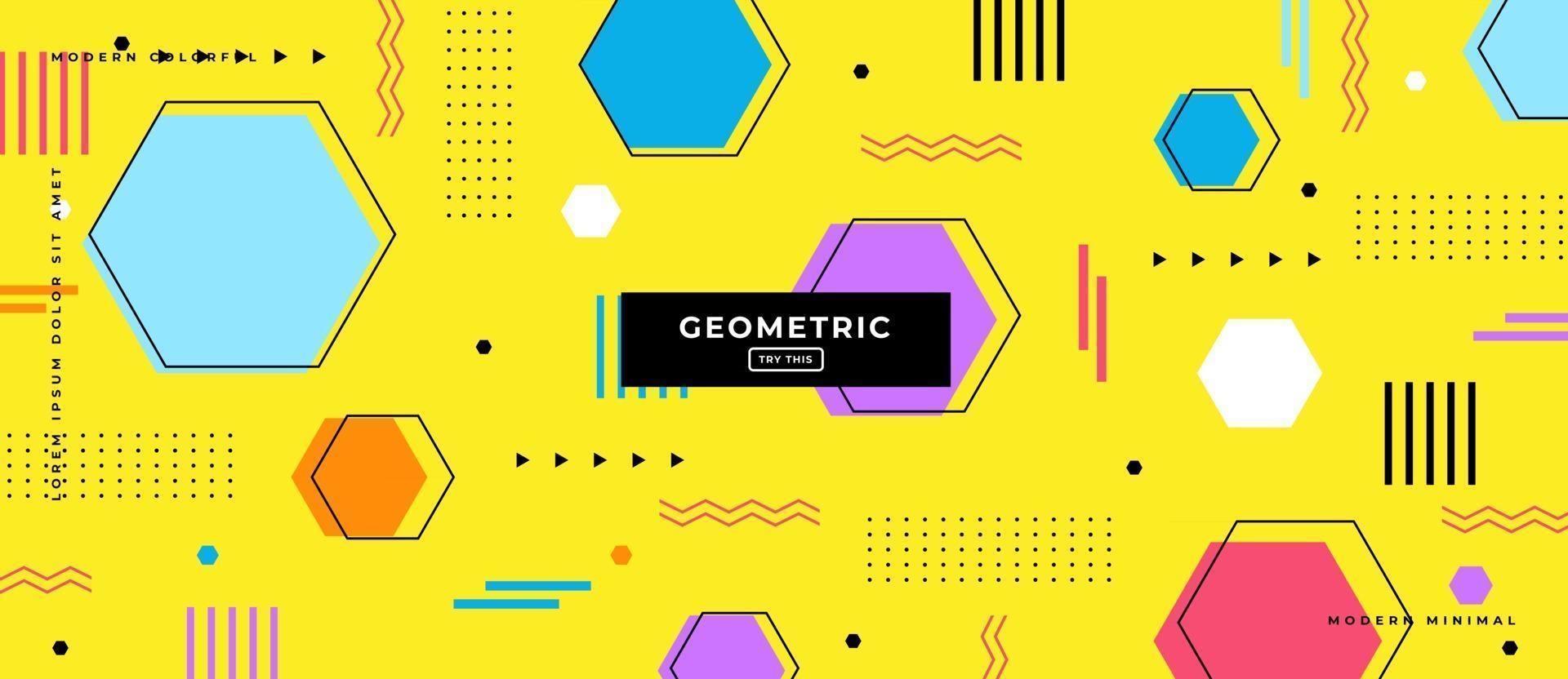 Geometric Hexagon with Memphis Style Shapes Yellow Background. vector