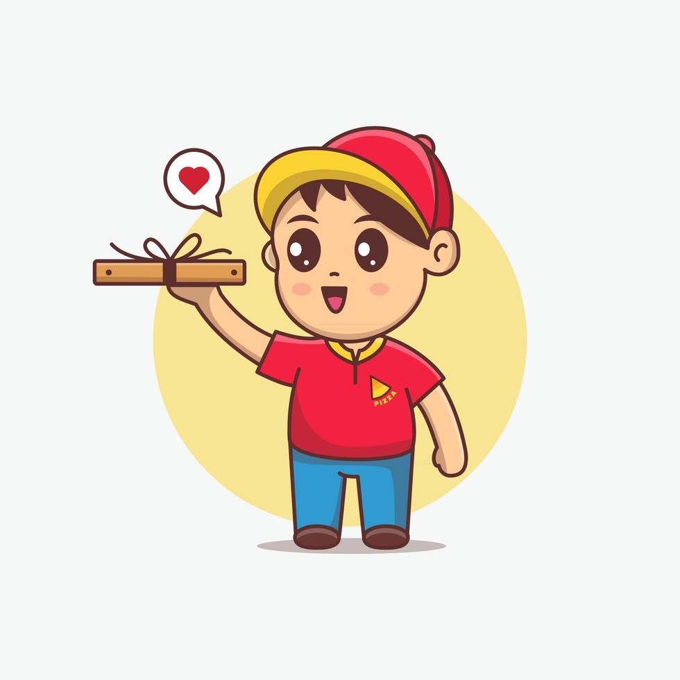 Cute pizza delivery man hold pizza box cartoon Vector Illustration. Kawaii cartoon character