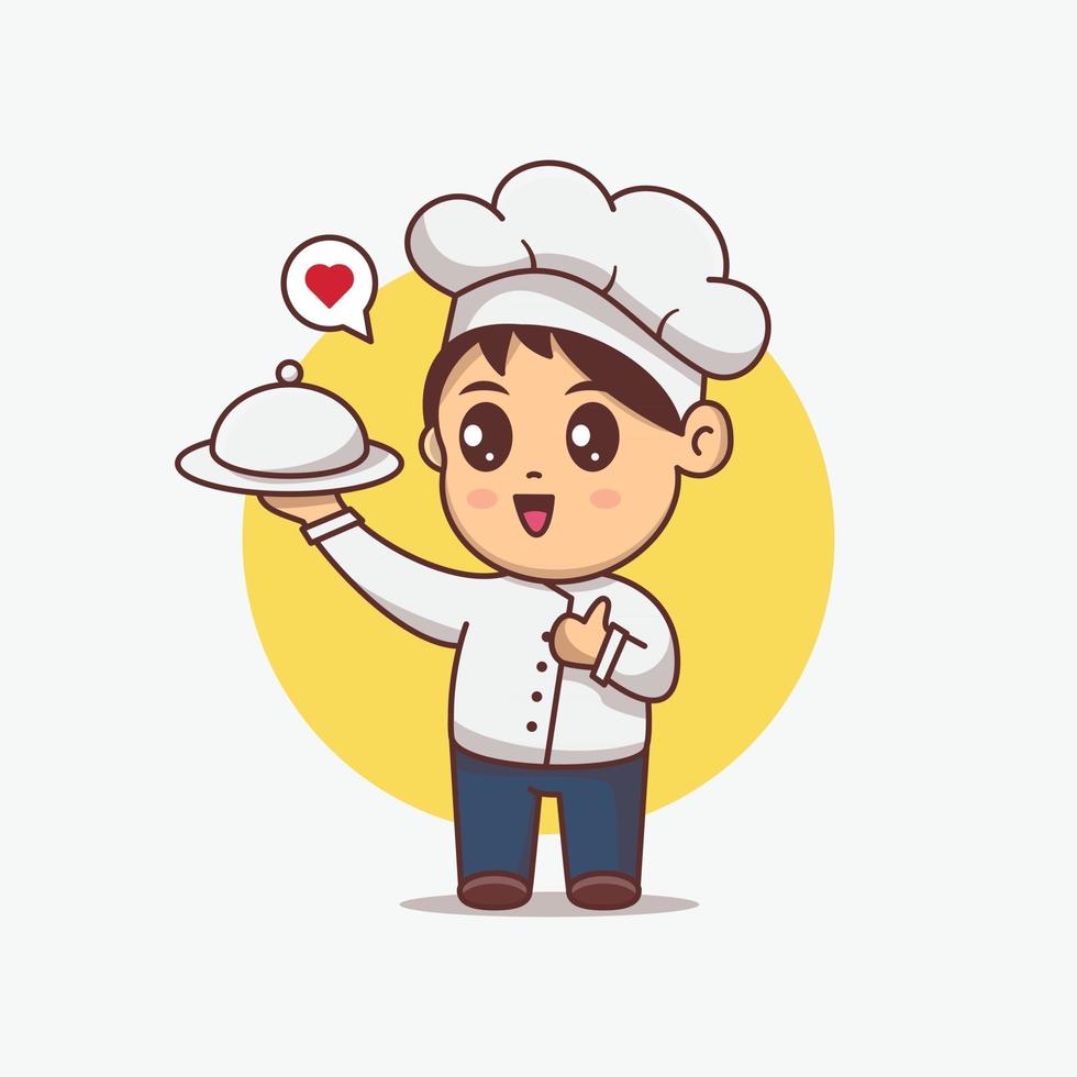 Cute Chef boy serving food illustration. Kawaii cartoon character vector