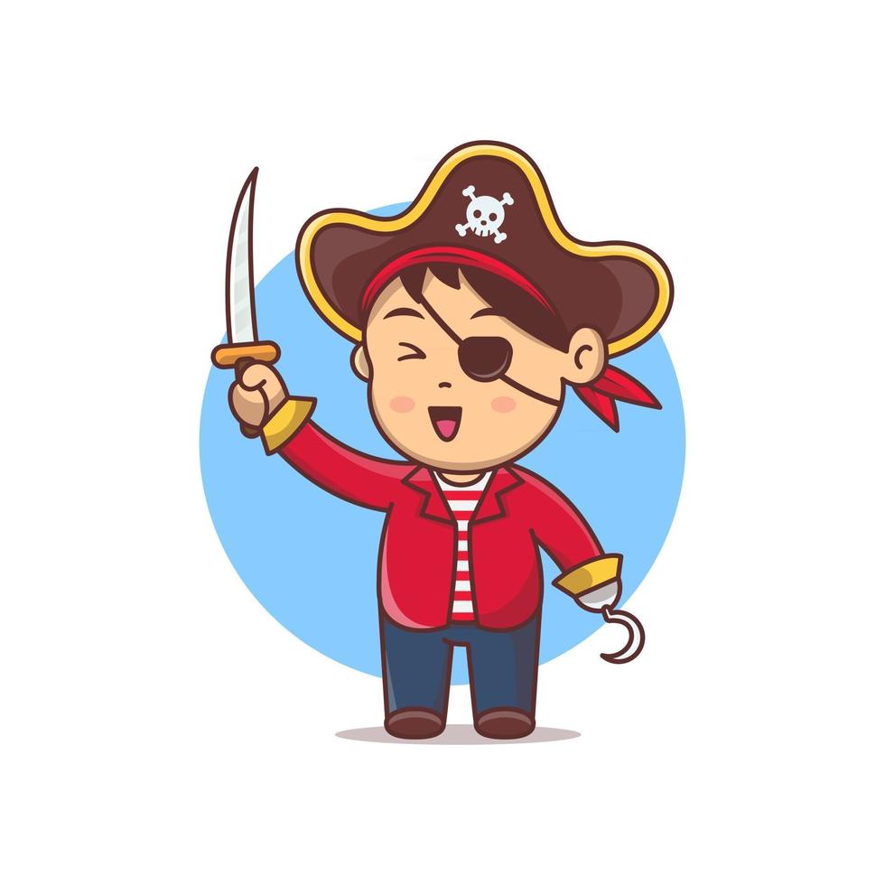 pirata de dibujos animados lindo con ilustración de vector de espada. disfraz de halloween para niños pequeños