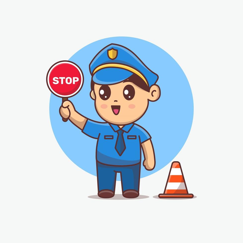 lindo, policía, kawaii, caricatura, carácter, tenencia, señal de pare vector