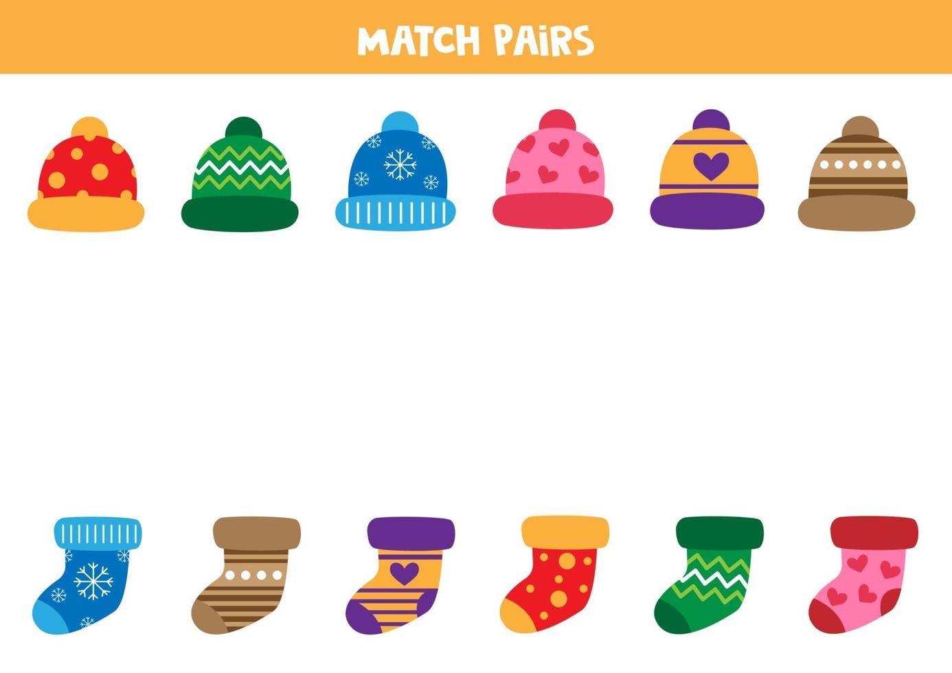 Match pairs of caps and socks. Educational worksheet for kids. vector