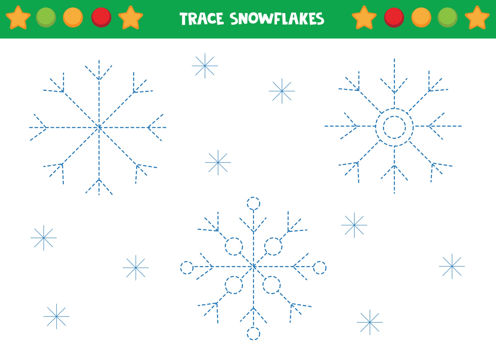 Trace winter snowflakes. Handwriting practice for kids. 2861966 Vector