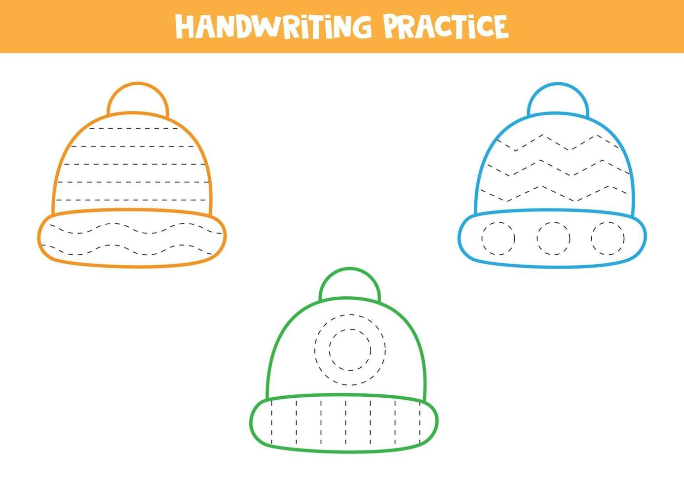 Handwriting practice with colorful winter caps. vector