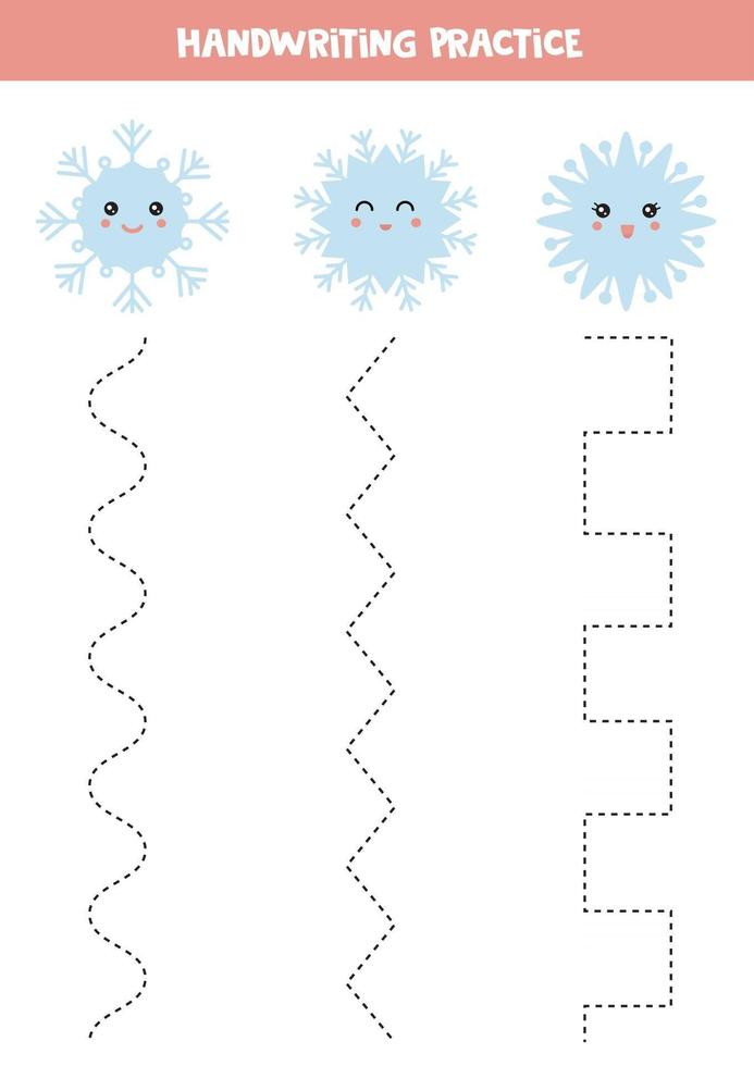 práctica de escritura a mano con copos de nieve kawaii. vector