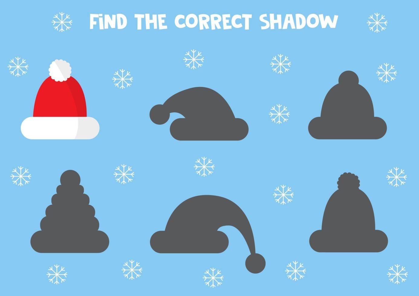 Find the correct shadow of Santa Claus cap. Educational worksheet for preschool kids vector