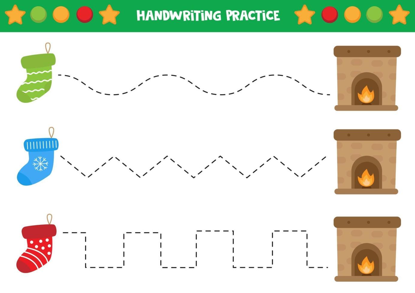 práctica de escritura a mano con calcetines y chimenea. vector