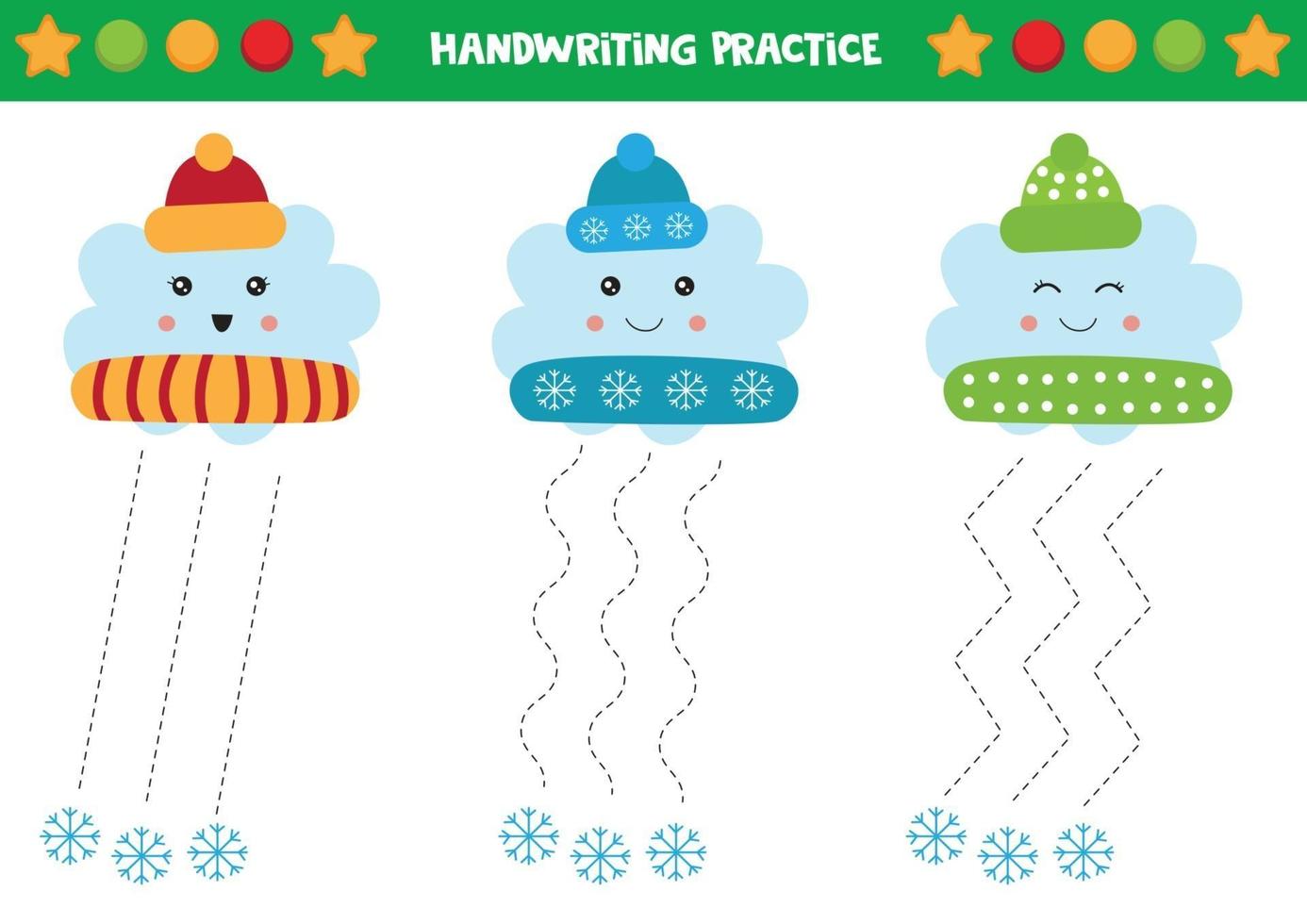 Cute clouds in winter caps. Handwriting practice for kids. vector