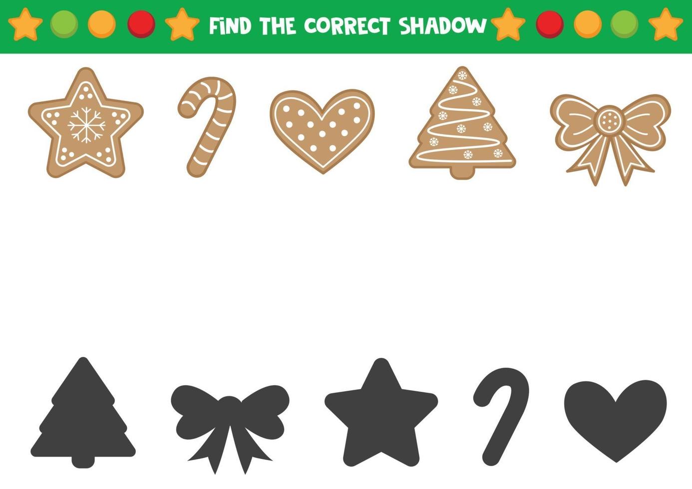 Find the correct shadows of gingerbread cookies. Educational worksheet for preschool kids vector