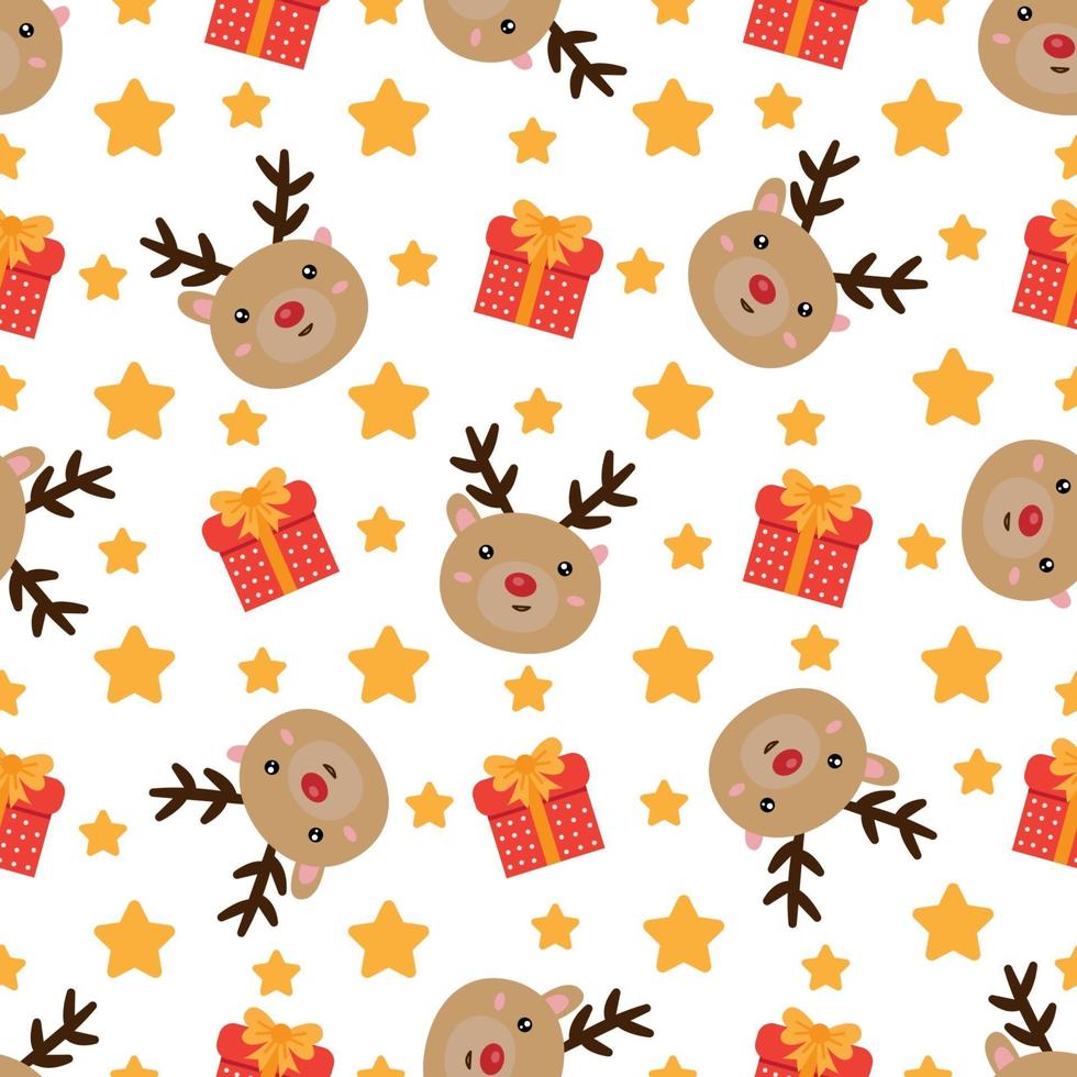 lindo patrón sin costuras de navidad con renos y cajas de regalo. vector