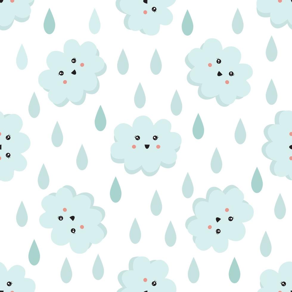 Cute seamless pattern with smiling clouds and raindrops. Wallpaper for kids. vector